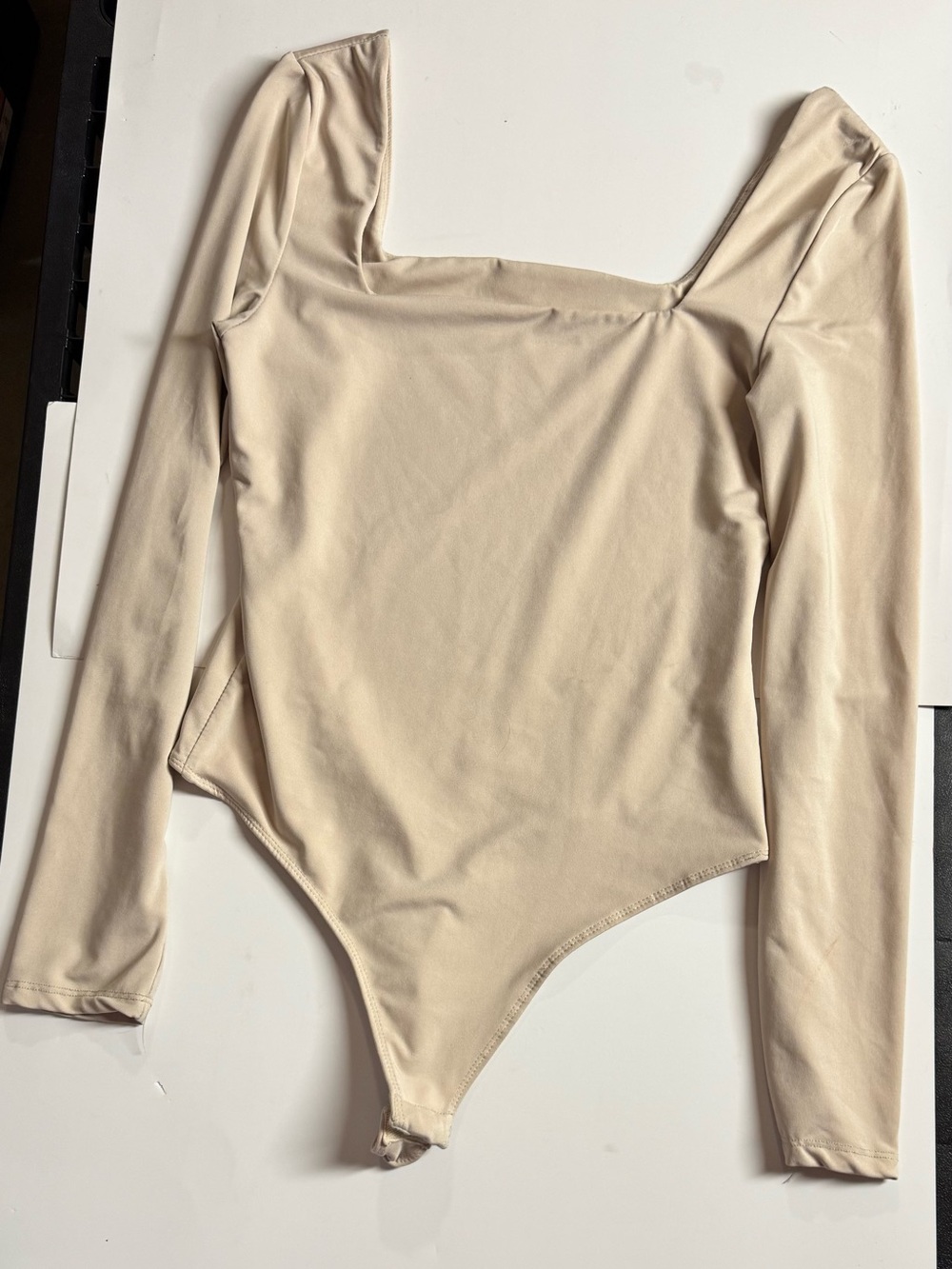 Beige Square Neck Long Sleeve Bodysuit Size XL Minimalist Basic Casual Layering